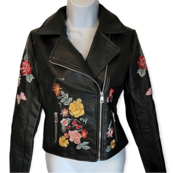 Romeo & Juliet Couture small Moto jacket black Faux Leather embroidered flowers - Picture 9 of 16